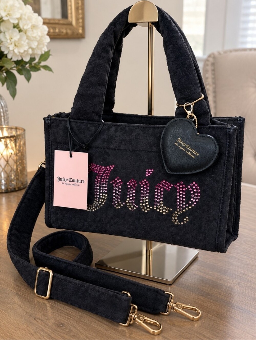 True Religion Black Shoulder Bag with Pink Gradient Crystal 'Juicy' Logo